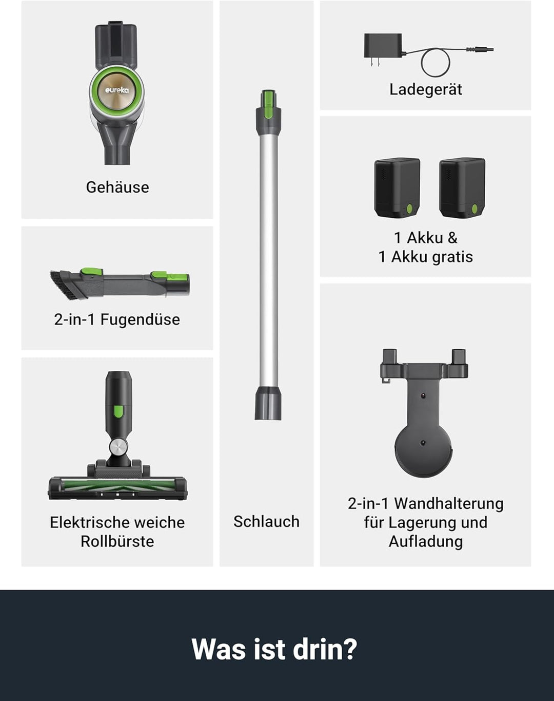 EUREKA NEC370 Akku Staubsauger,3-in-1 Design Staubsauger kabellos,2 wiederaufladbare herausnehmbare