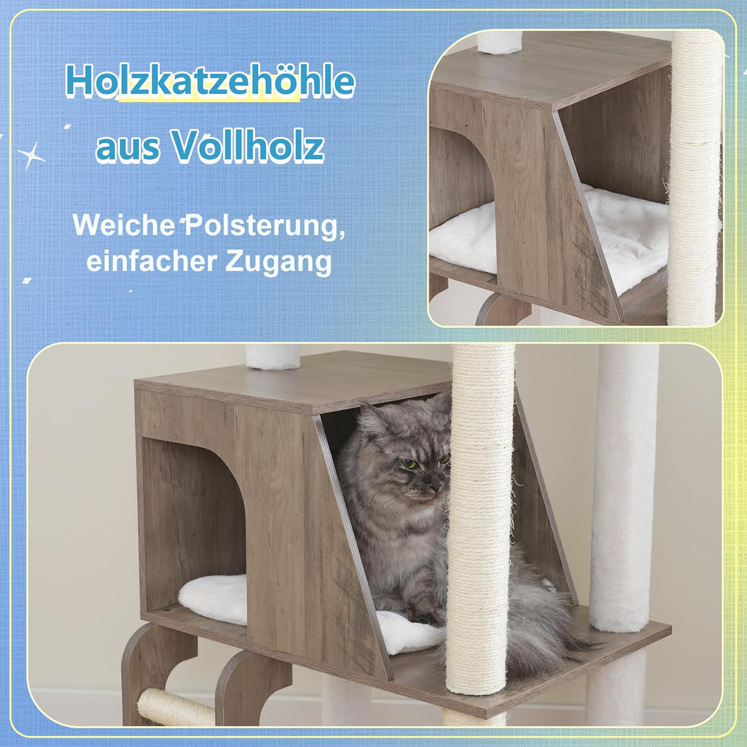 Hey-brother Holz Kratzbaum, 184cm Katzenbaum für Grosskatze, mehrstöckiger Stabil Katzenkratzbaum Mi