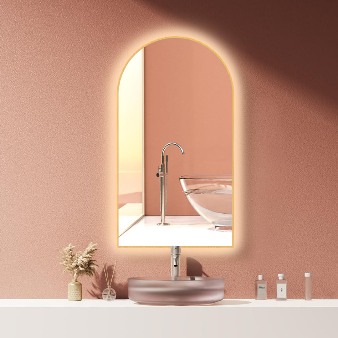 HOKO LED Badspiegel Bogen Beschlagfrei 60x100 cm / 100x60 cm Hayward mit Goldener Metallrahmen, HOCH