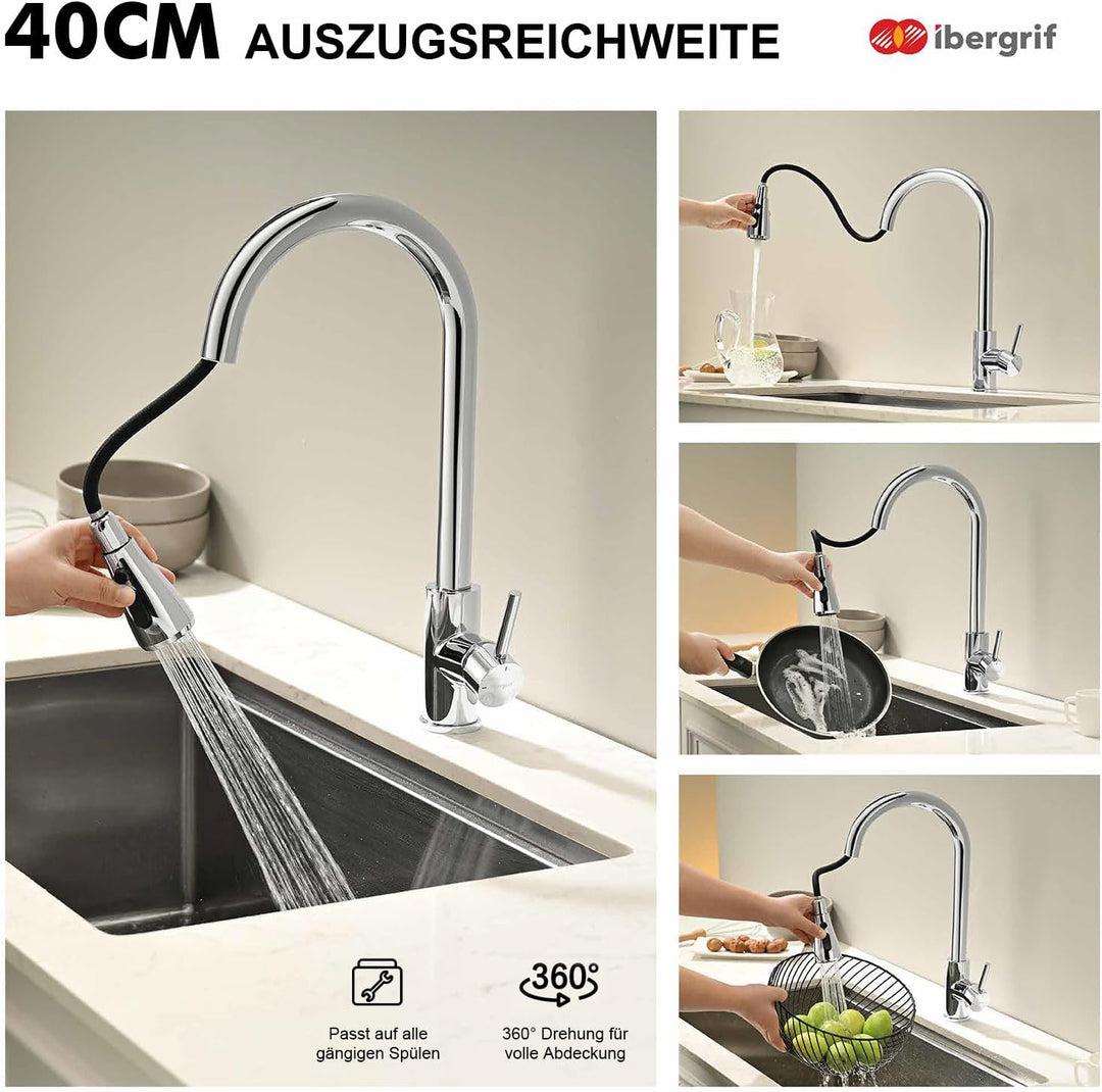 Ibergrif M22136 Wasserhahn Küche Ausziehbar Mischbatterie- Küchenarmatur Edelstahl 360° Schwenkbar,