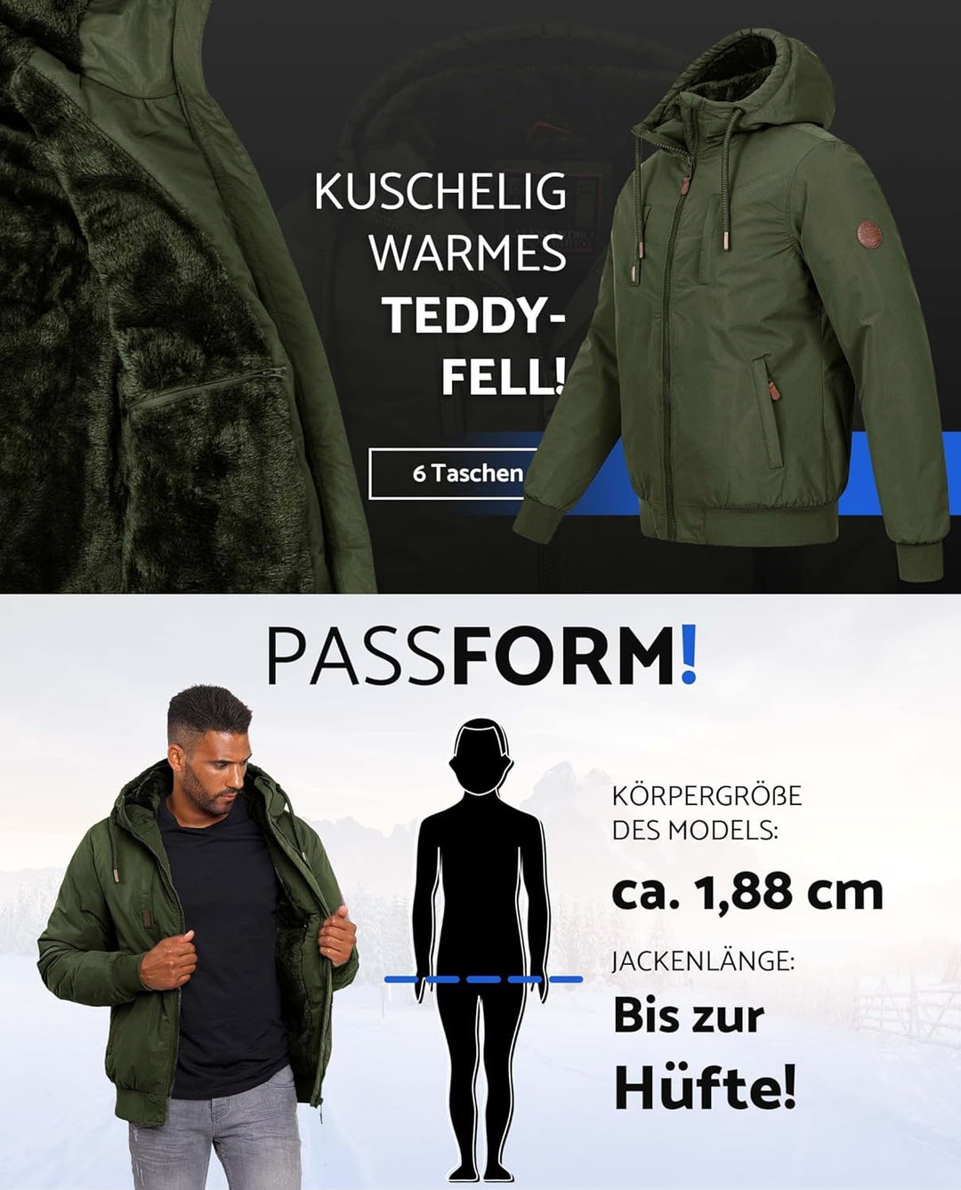 ALESSANDRO SALVARINI Herren Winterjacke (S-3XL) mit Kapuze - Teddyfleece innen komplett, Winddicht,