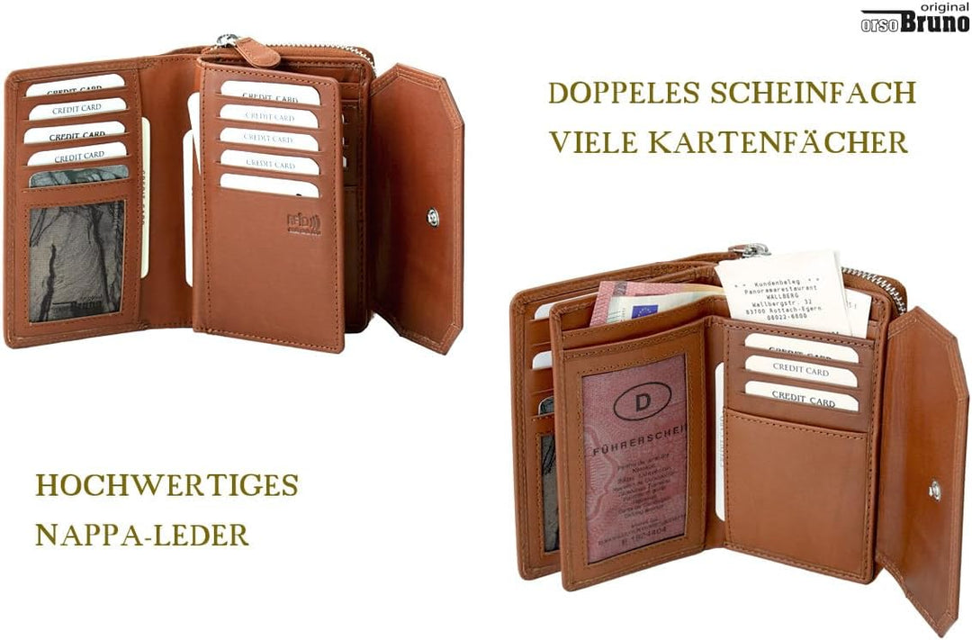 Damen Geldbörse Cognac gross Leder Geldbeutel mittelgross braun Damengeldbörse viele Fächer Portemon
