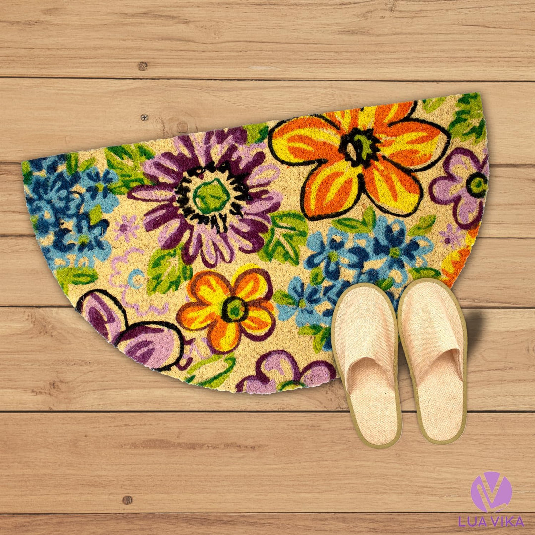 Fussmatte Kokos halbrund - Blumen - 40x70 cm - Fussmatte Aussen und Innen - Fussmatten Haustür - Tür