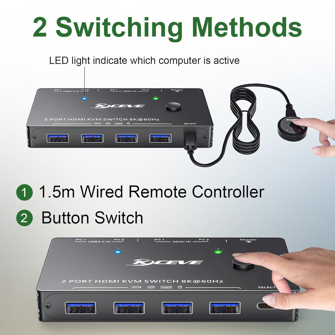 KVM Switch 2 PC 1 Monitor 8K@60Hz 4K@120Hz, USB 3.0 KVM Switch HDMI 2.1 HDCP 2.3 for 2 Computers tei