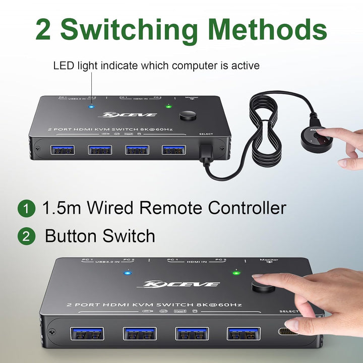 KVM Switch 2 PC 1 Monitor 8K@60Hz 4K@120Hz, USB 3.0 KVM Switch HDMI 2.1 HDCP 2.3 for 2 Computers tei
