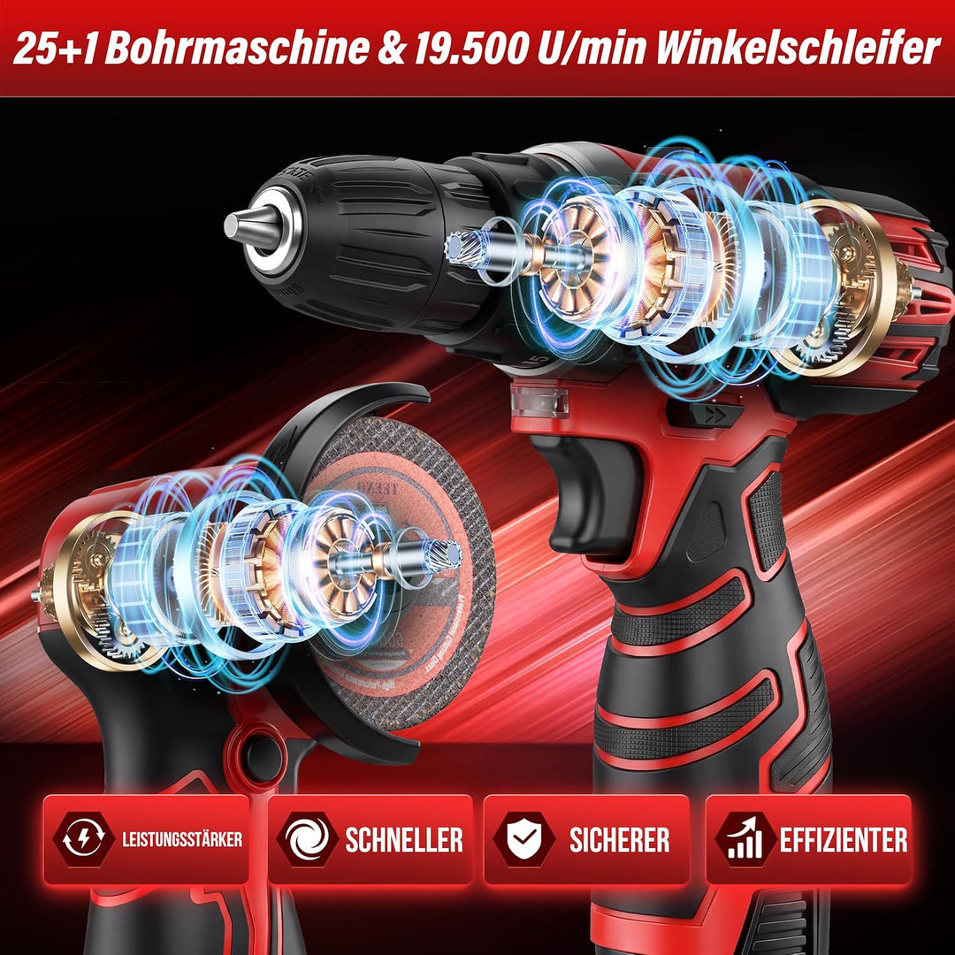 TEENO 16,8 V Akku-Schlagbohrschrauber & Winkelschleifer Set, 25+1 Drehmomentstufen (45 Nm), 19500 U/