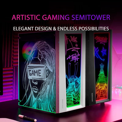 MarsGaming MC-Art Weiss, PC Gaming ATX Gehäuse, Doppelt Zeichnbar Gehärtetes Glas, ARGB 12 Mode, 12c