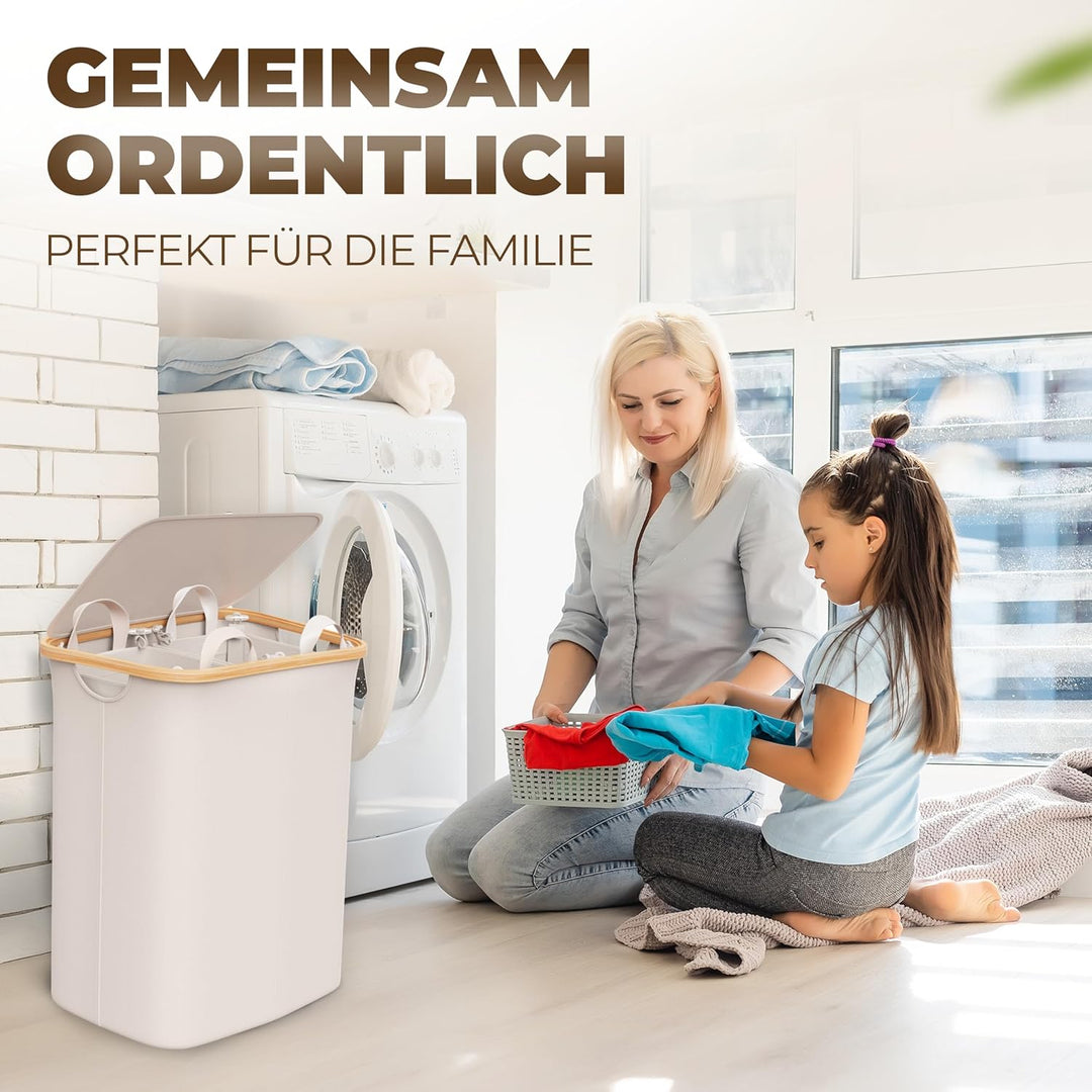 Wäschekorb 2 Fächer mit 1 Deckel 150 Liter Bambus-Stoff Beige Gross XXL - Wäsche Sortiersystem Wäsch