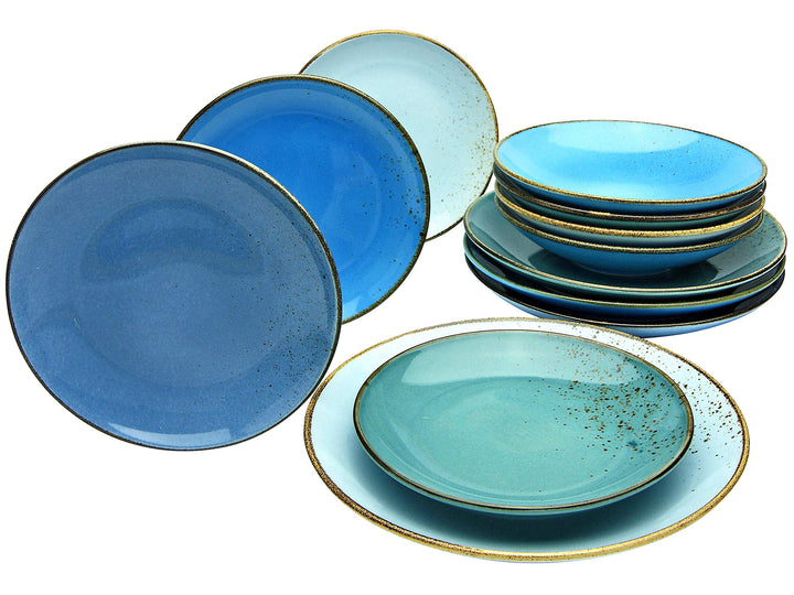 Creatable 20966, Serie Nature Collection Aqua, Geschirrset, Teller Set 12 teilig, Steinzeug Aqua 12