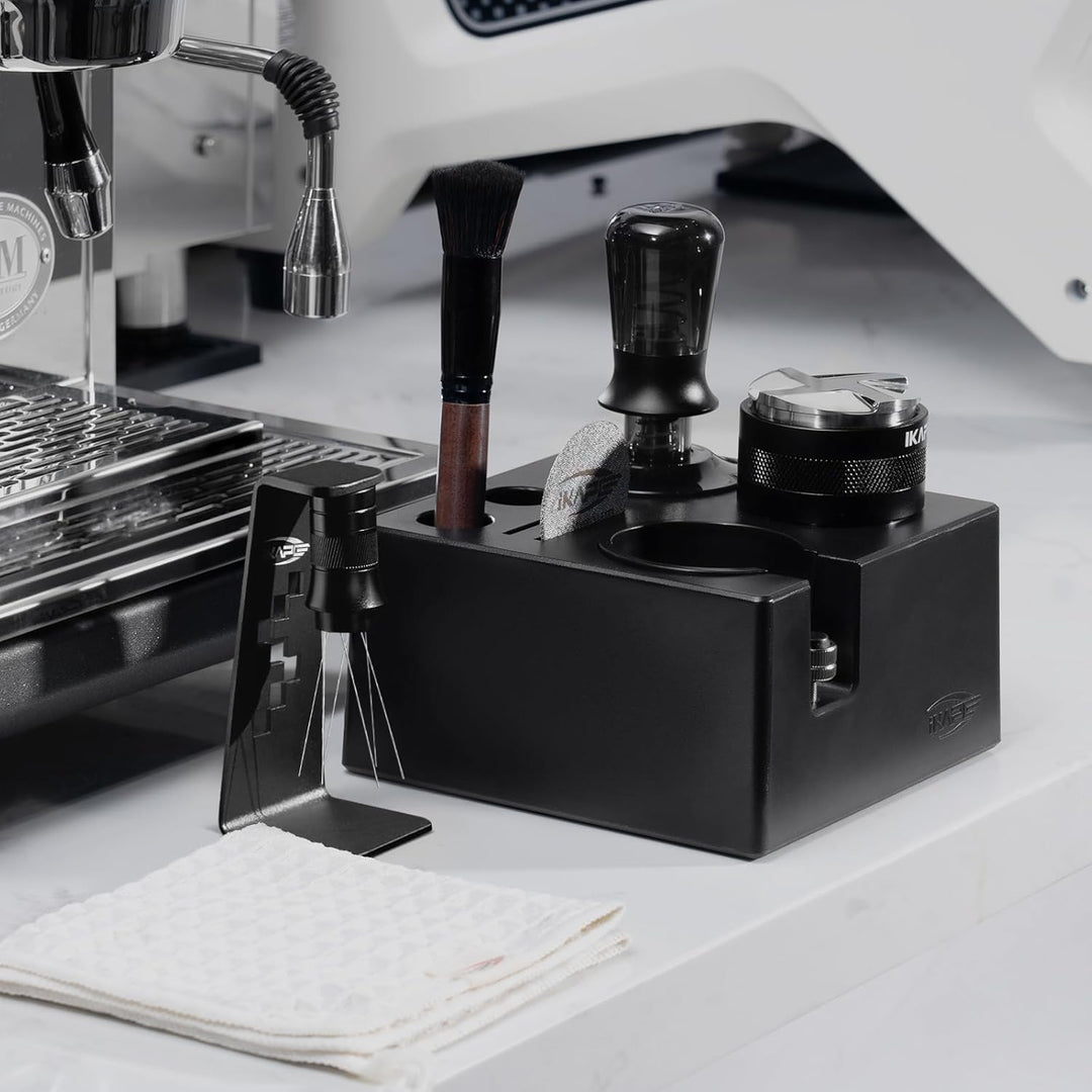 IKAPE 58 mm Espresso-Werkzeugset, schwarz, 8-in-1: Kaffeetamper, Verteiler, Magnettrichter, Pucksieb
