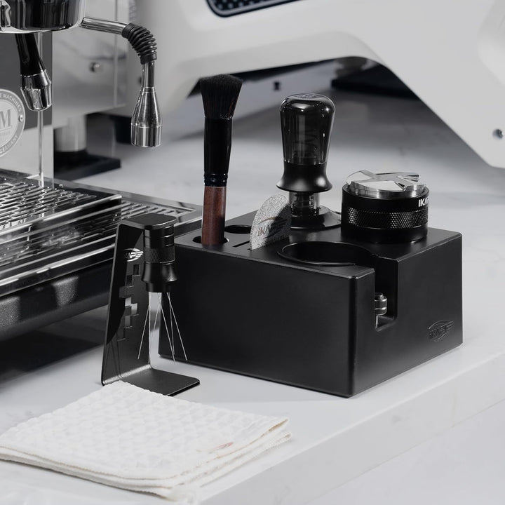 IKAPE 58 mm Espresso-Werkzeugset, schwarz, 8-in-1: Kaffeetamper, Verteiler, Magnettrichter, Pucksieb