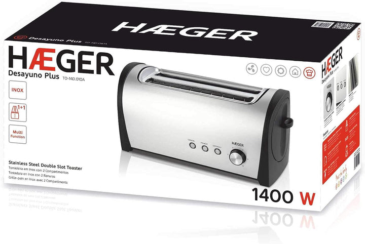 Haeger TO-14D.010A Multifunktions-Toaster mit 1400 W Leistung, 2 lange Schlitze, aussen aus Edelstah