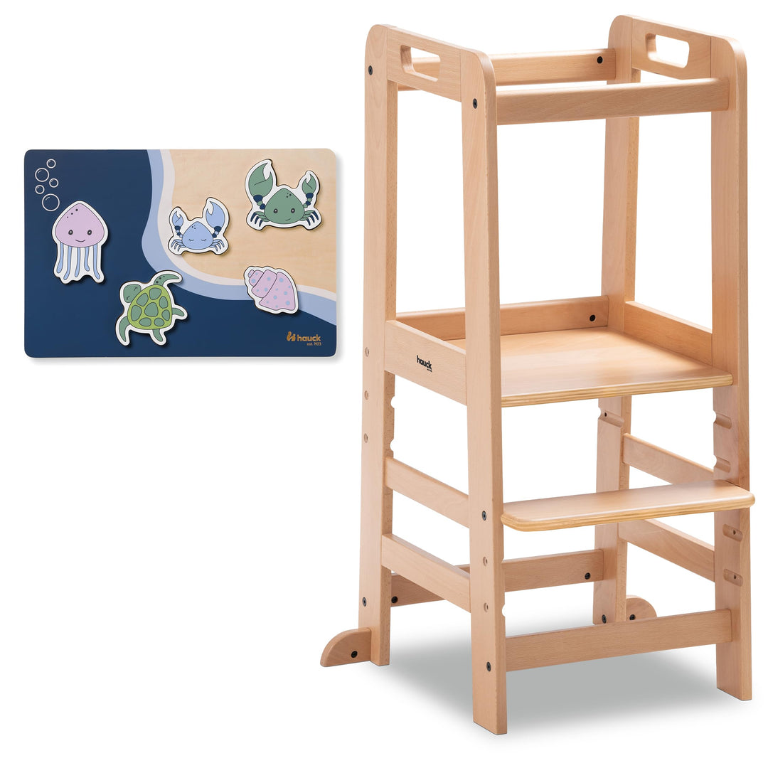 hauck Learn N Explore Natural inkl. Puzzle N Fit – Mitwachsender Kinder Lernturm aus Buchenholz, ab