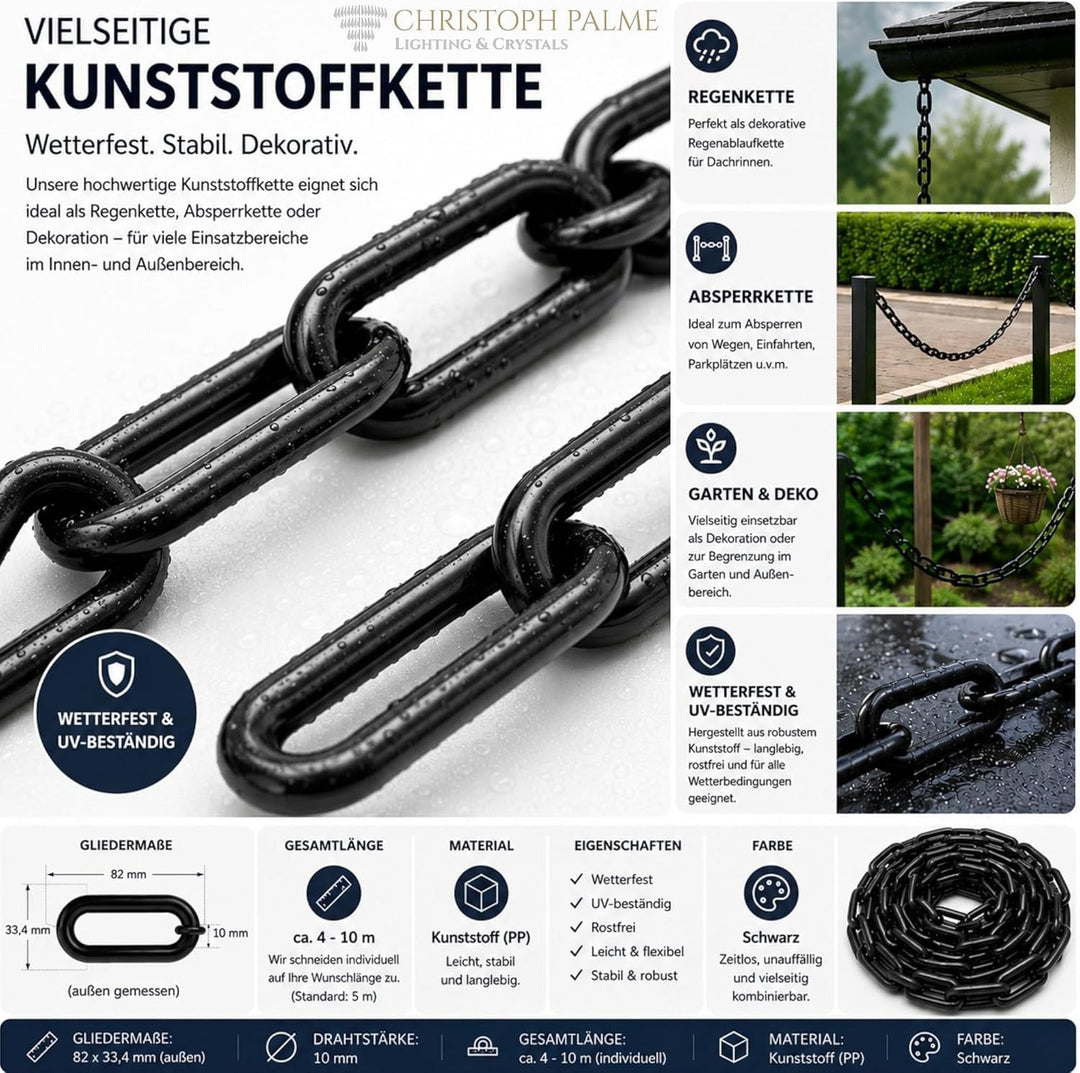 4,80m Regenablaufkette 10mm Kunststoff Regenkette Schwarz Ablaufkette Tropfkette Wasserkette