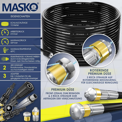 MASKO® Premium Rohrreinigungsschlauch Set Abflussreiniger 15m, 200 bar inkl. Tasche 3 Adapter 2 Düse