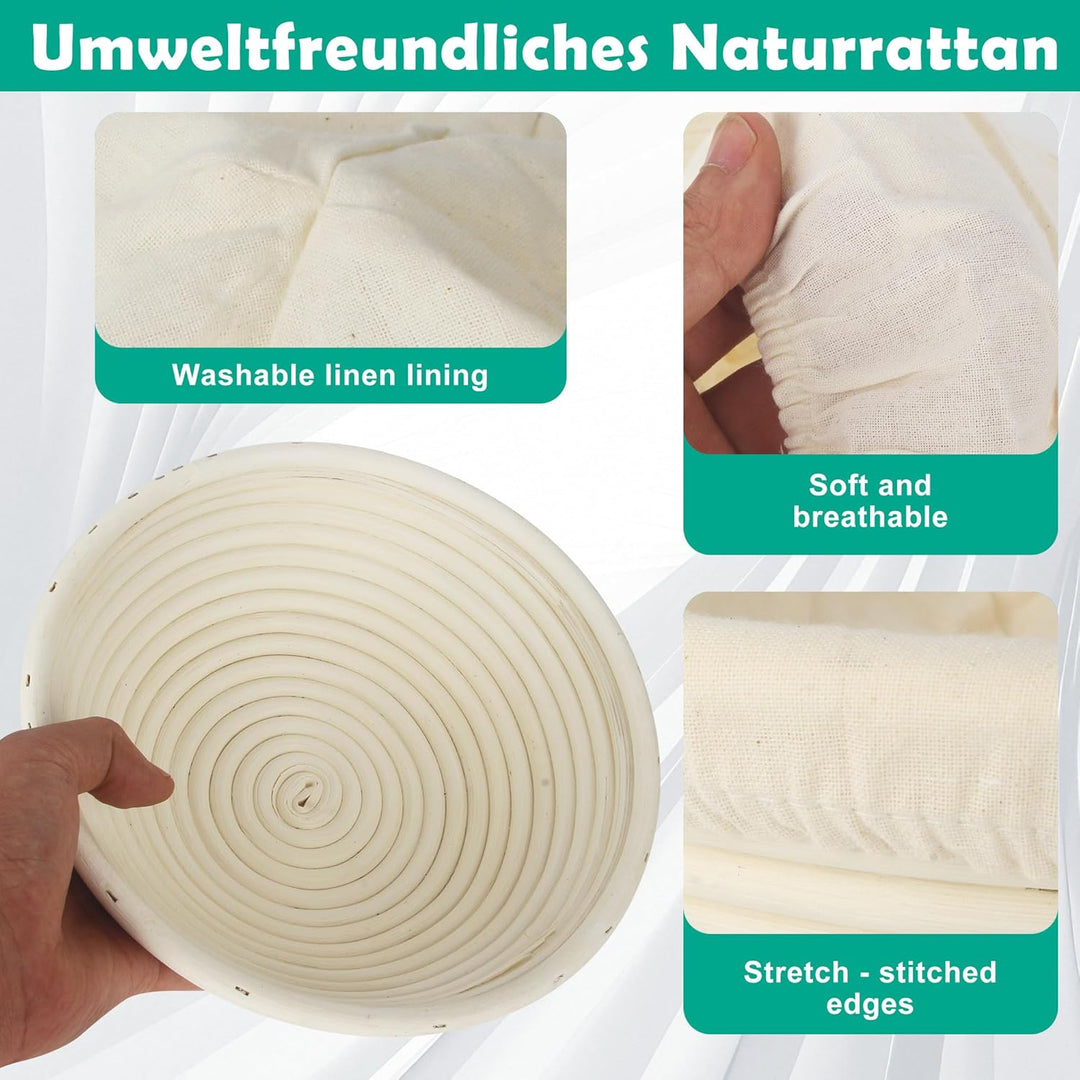10-teilig Gärkorb Brot Set, 23cm Gärkörbchen zum Brotbacken, Sauerteig Starter Set, Einschliesslich
