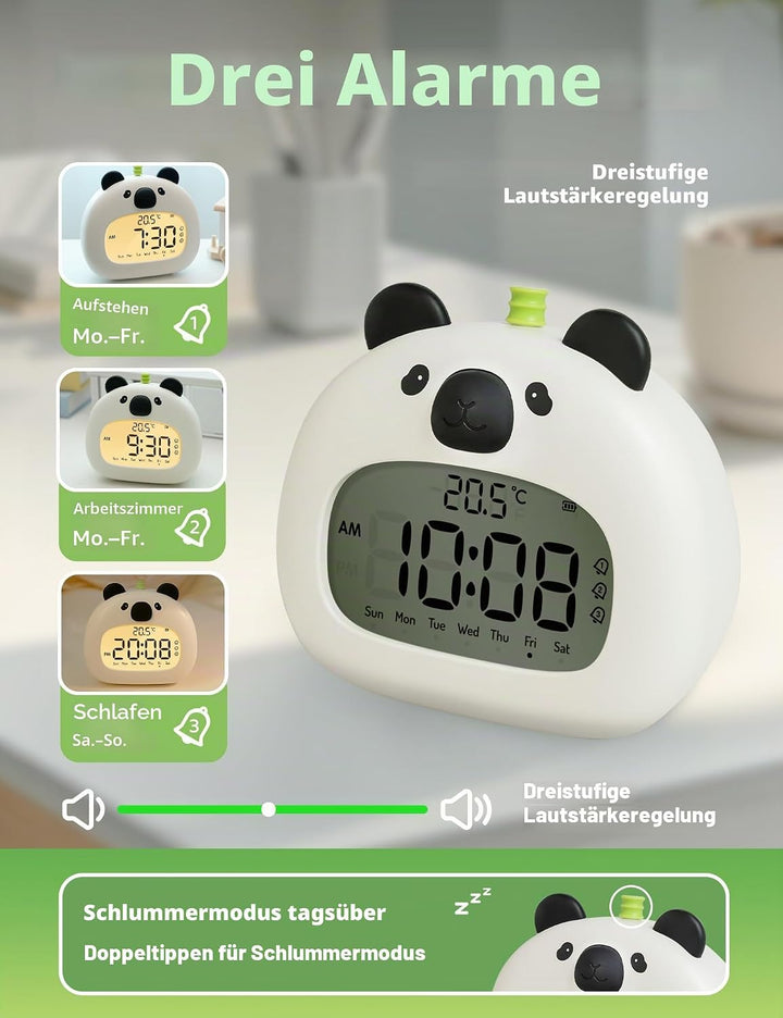 IHALO Cute Kinderwecker, Nachttischwecker mit Panda Nachtlicht, digitales LED-Display, 3,15 Zoll, DR