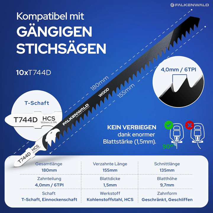 FALKENWALD® Stichsägeblätter Holz 10x T744D – Extra Lang 180mm - Für tiefe Schnitte bis 135mm - T-Sc