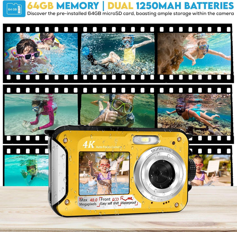 4K Unterwasserkamera mit 64GB Speicherkarte, 48MP wasserdichte Kamera mit Autofokus und Selfie HD Du