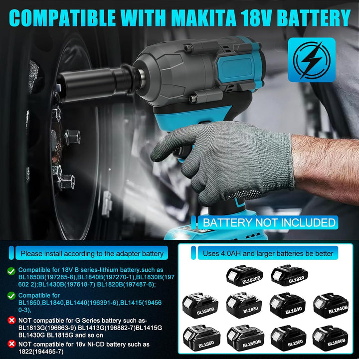 Akku Schlagschrauber Kompatibel mit Makita 18V Lithium-Akku, 1/2 Zoll Bürstenloser Schlagschrauber m