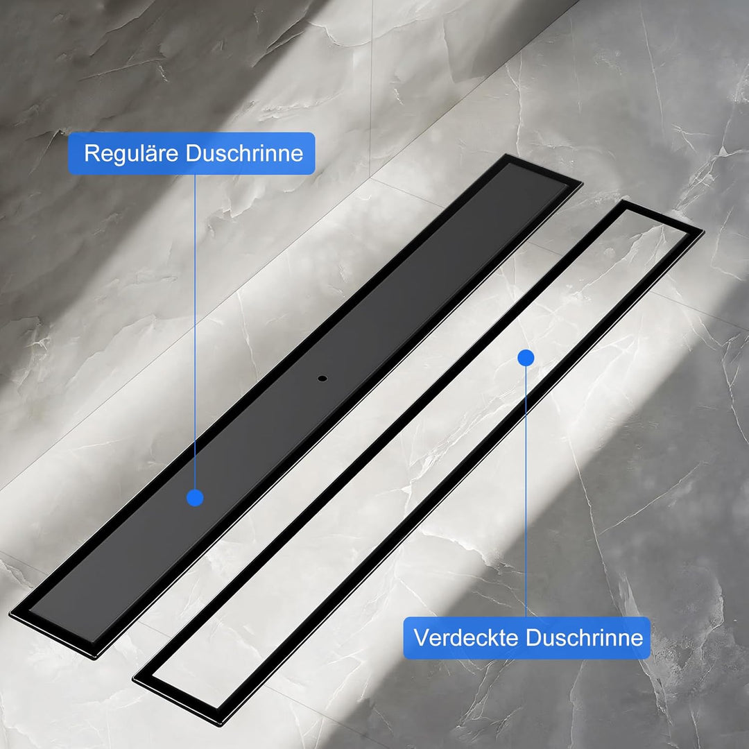 Duschrinne Befliesbar 60cm Schwarz Matt, 360°Siphon mit Geruchsstop und Haarsieb, 304 Edelstahl Abla