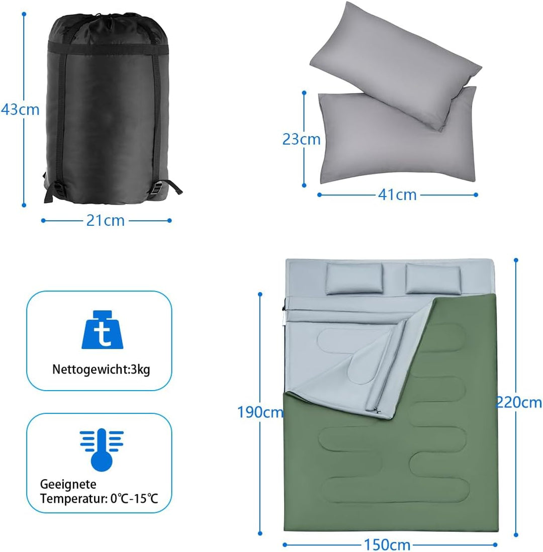 SOARS Schlafsack Doppelschlafsack 2 Personen, Deckenschlafsack mit 2 Kissen & Tragetasche, wasserdic