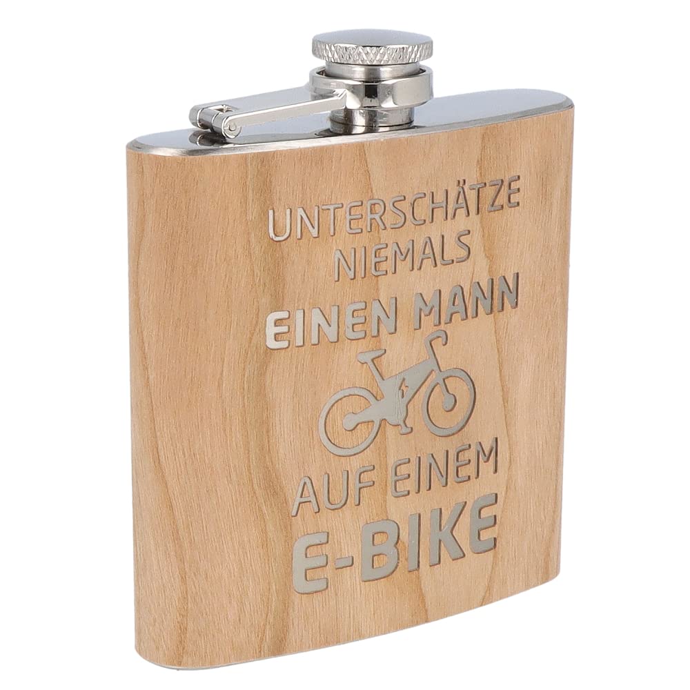 Spruchreif | Gravierter Edelstahl Flachmann | Holz Flachmann mit Gravur E-Bike | Outdoor Geschenk |