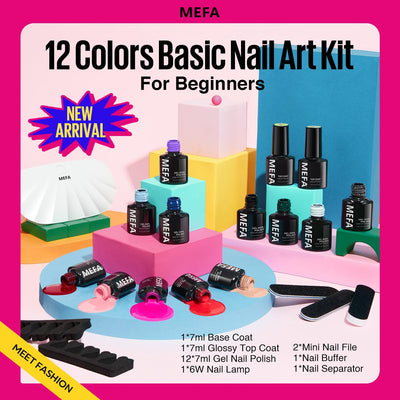 MEFA Shellac Set Starterset mit Lampe 6W,12 Farben UV Nagellack Set Gelnägel Starterset Schwarz Weis
