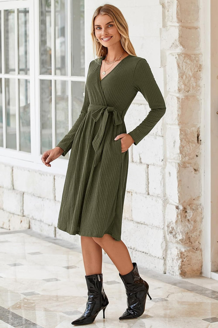 Newshows Strickkleid Damen Herbstkleid V Ausschnitt Pulloverkleid Winterkleid Kleid mit Taschen für
