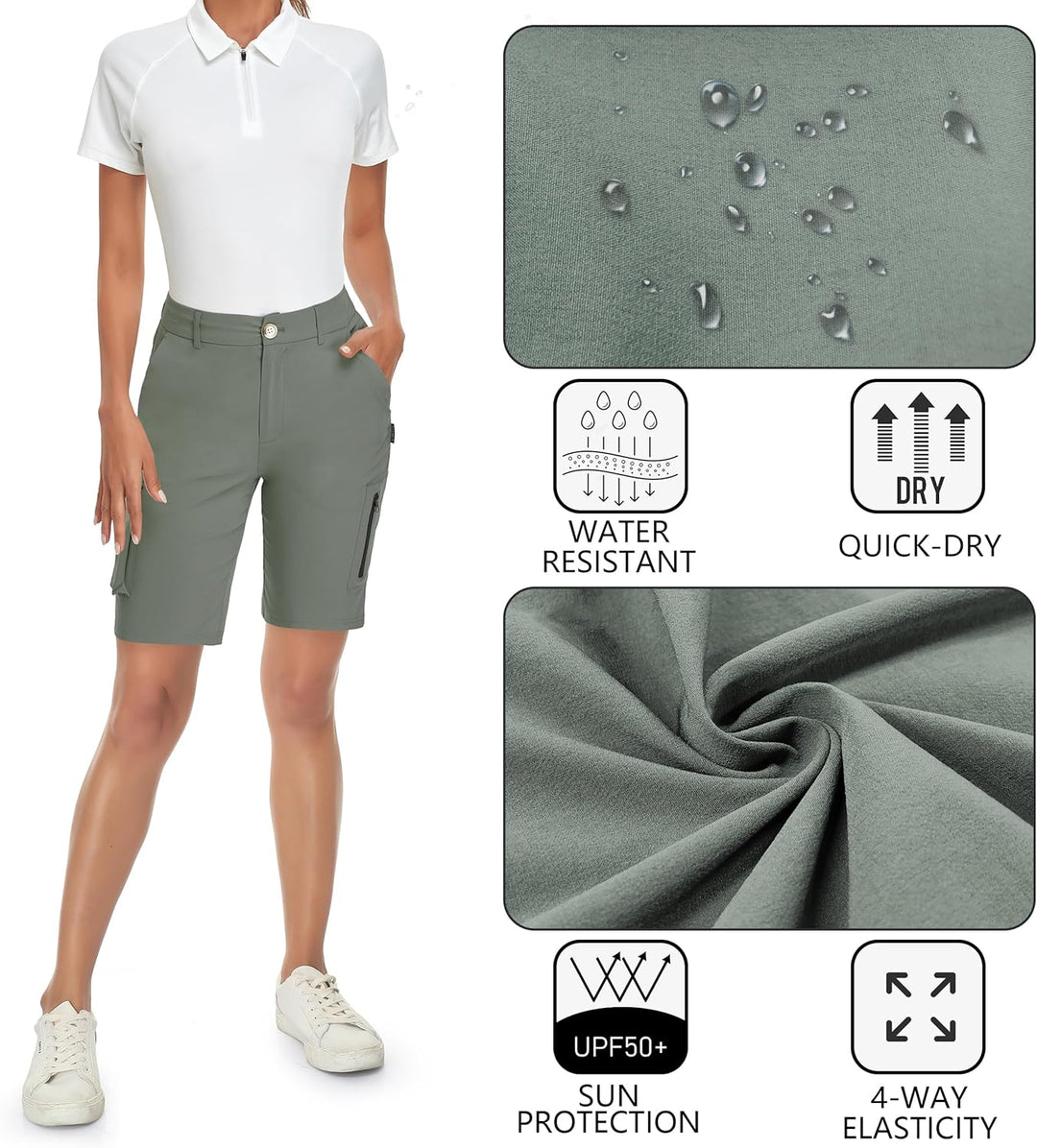 Soneven Stretch Damen Bermuda Shorts High Waist Leichte Cargo Shorts Wanderhose Kurz Zip Off mit Rei