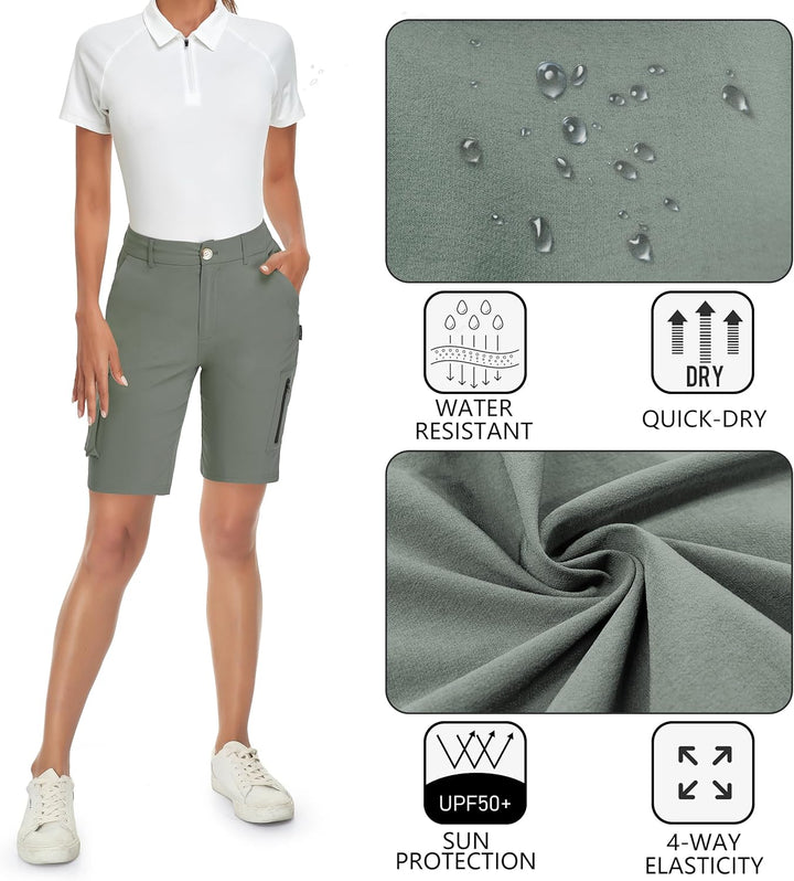 Soneven Stretch Damen Bermuda Shorts High Waist Leichte Cargo Shorts Wanderhose Kurz Zip Off mit Rei