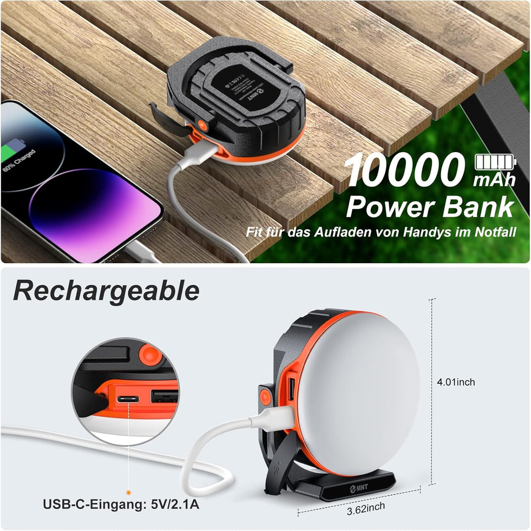 EMNT LED Campinglampe 10000mAh Akku Camping Laterne mit USB C Aufladbar, 5 Lichtmodi, Stufenloses Di