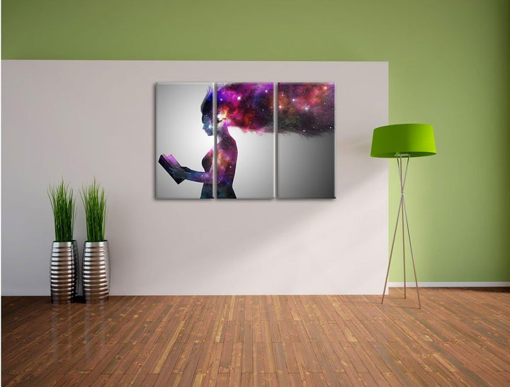 Pixxprint abstrakte Frau mit Buch als Leinwandbild/Grösse: 3 Teilig (120x80) cm/Wandbild/Kunstdruck/