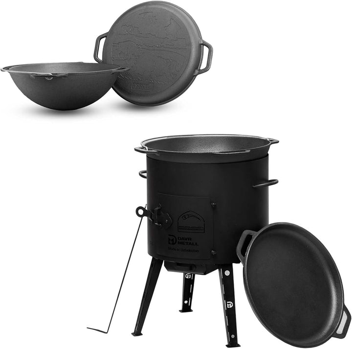 4BIG.fun 10L Kazan mit Ø36 Uchag Utschak Utschag 2mm stahl Kessel mit Deckel-Bratpfanne aus Gusseise