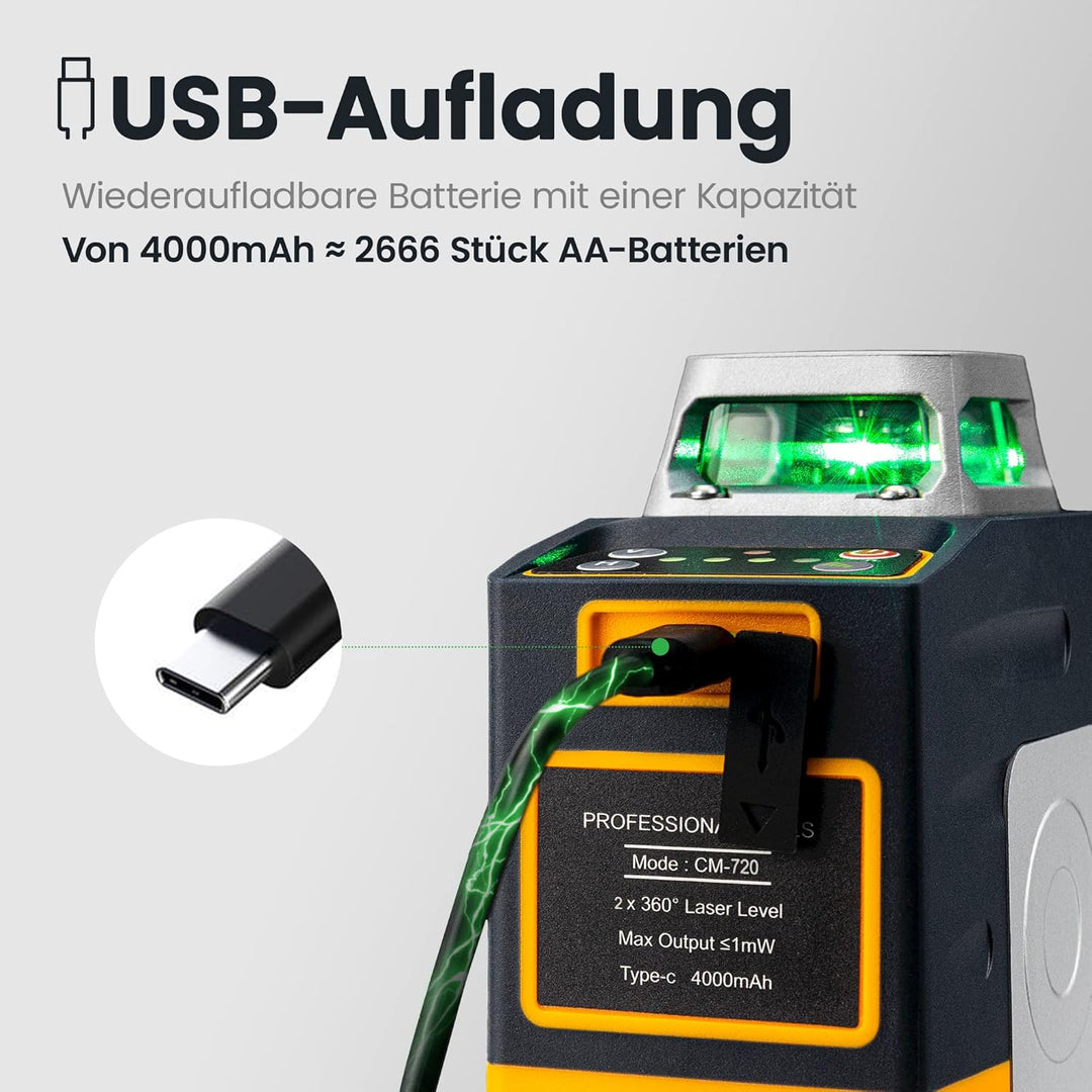 Kreuzlinienlaser, 2x360 Grün Grad Selbstnivellierend Laser Wasserwaage, Kreuzlaser mit wiederaufladb