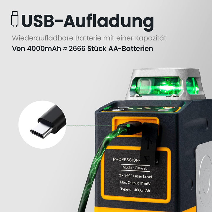 Kreuzlinienlaser, 2x360 Grün Grad Selbstnivellierend Laser Wasserwaage, Kreuzlaser mit wiederaufladb
