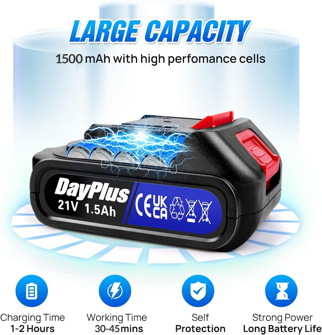 Qimu 21V Lithiumbatterie 1500mAh Akku mit grosser Kapazität für 21V Mini-Kettensäge,6 Zoll und 4 Zol