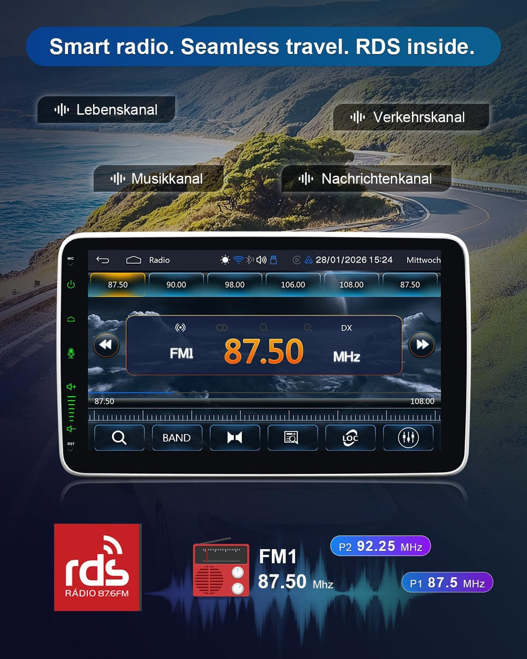 Autoradio 1Din mit 10 Zoll Bildschirm, 1 DIN Car Radio mit Wireless Apple CarPlay & Android Auto, Bl