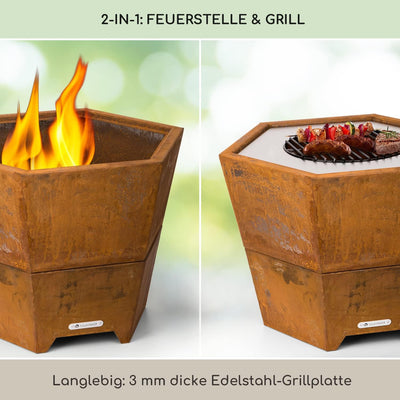 Blumfeldt Feuerschale mit Grillrost, Outdoor Stahl-Feuerschale Gross für Balkon & Camping, Mobile Fe