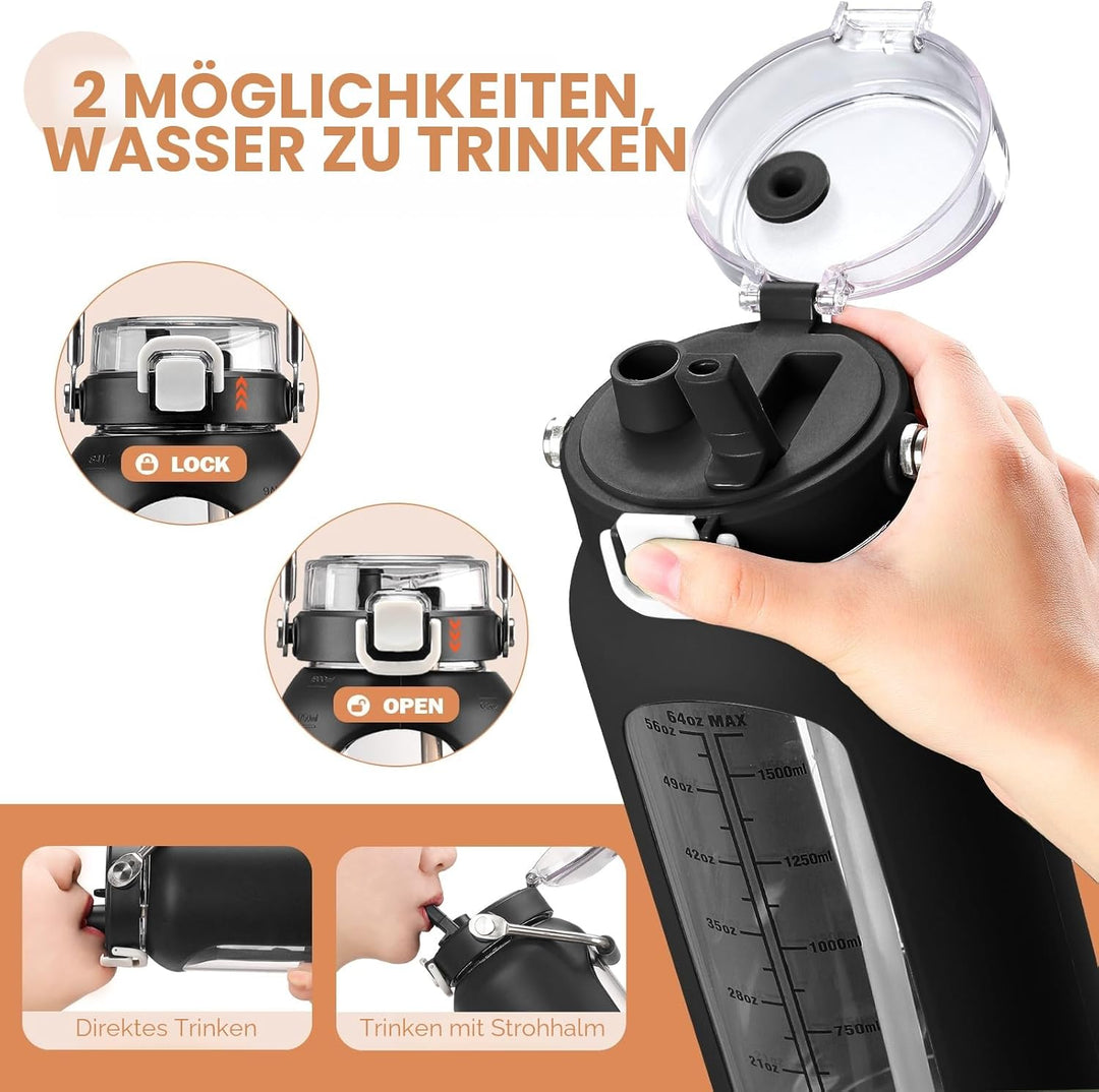 BLUEGO 2000ml Glaswasserflasche mit Edelstahlgriff und Zeitmarkierung 2L Trinkflasche Borosilikatgla