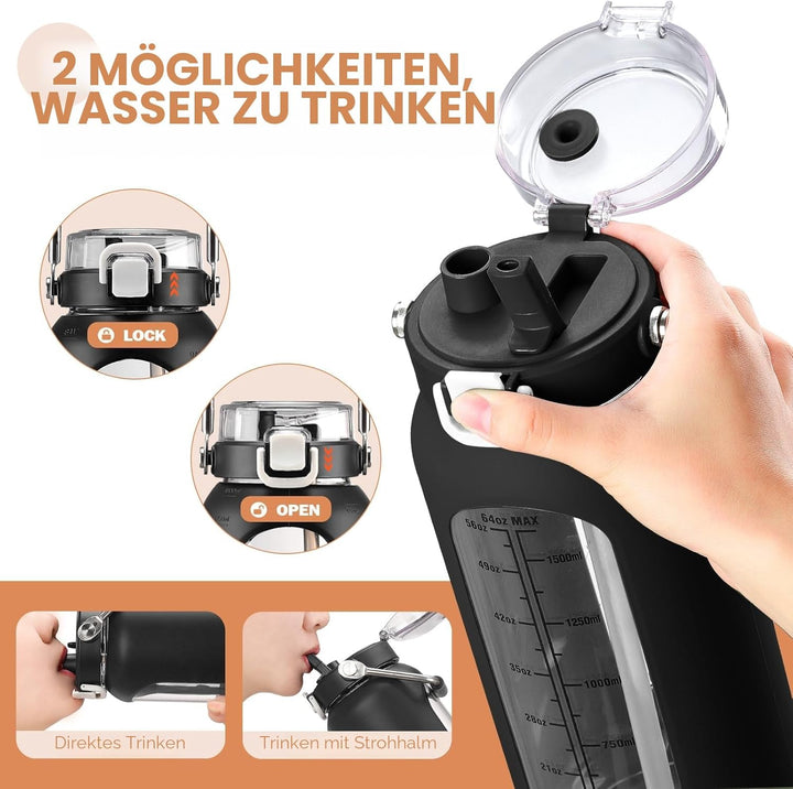 BLUEGO 2000ml Glaswasserflasche mit Edelstahlgriff und Zeitmarkierung 2L Trinkflasche Borosilikatgla