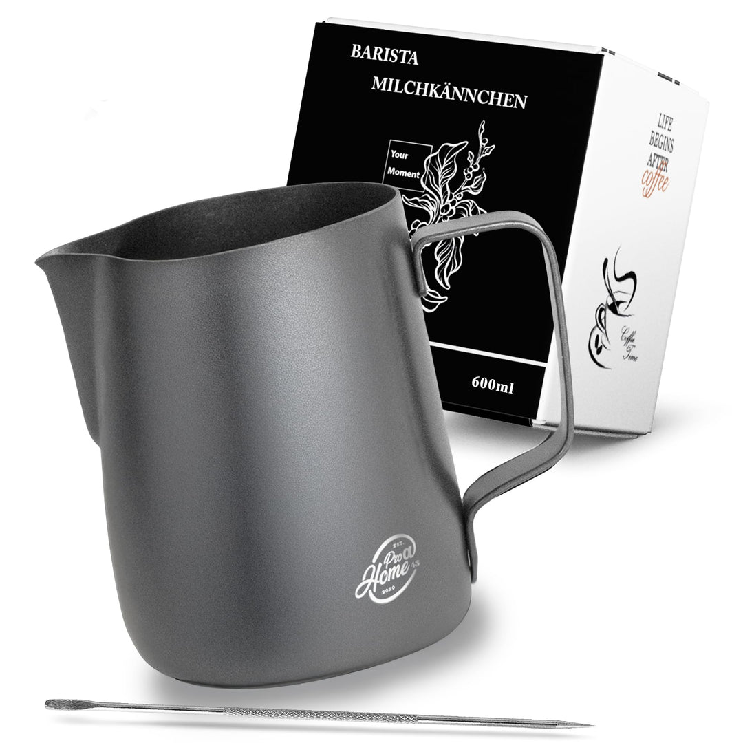 Pro@Home43 Barista Milchkännchen Edelstahl schwarz anthrazit 600ml (auch 350ml) inkl. Latte Art Stif
