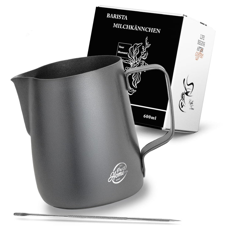 Pro@Home43 Barista Milchkännchen Edelstahl schwarz anthrazit 600ml (auch 350ml) inkl. Latte Art Stif