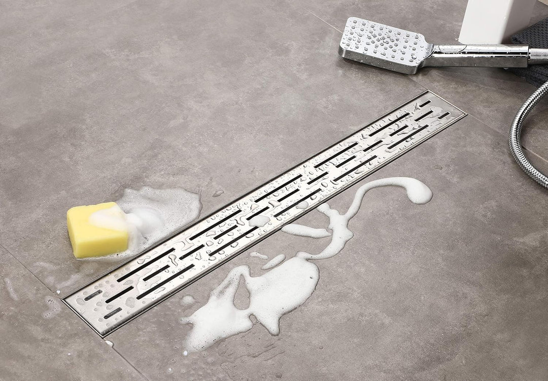 Elbe® Duschrinne 70 cm aus Edelstahl, 3-reihig-Schlitzm Muster, Duschablauf mit Siphon und Haarsieb,