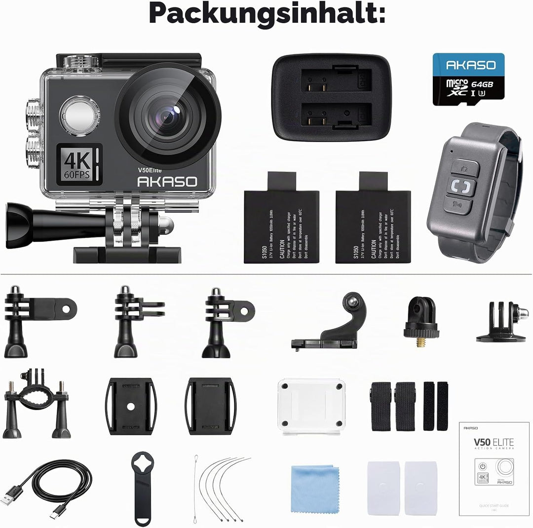 AKASO V50 Elite Action Cam mit MicroSDXC Speicherkarte 64 GB 4K/60 fps 20 MP WiFi, Unterwasserkamera