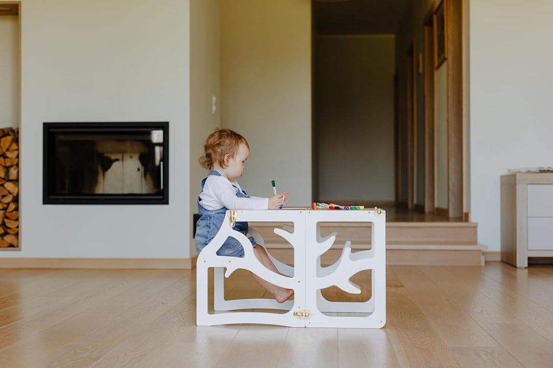 Weco Kinder-Lernturm 3 in 1 mit Rutsche weisser Tritthocker Schreibtisch Rutsche Montessori Möbel Kü