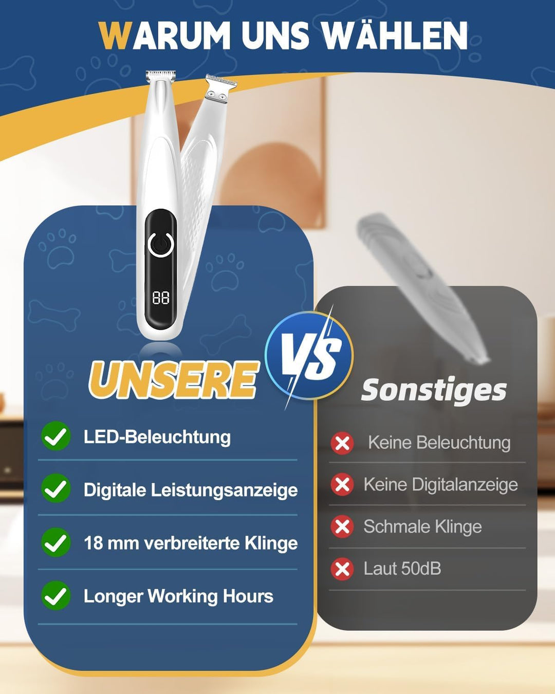 Pfotentrimmer für Hunde mit LED-Licht, Leise Hundepfoten Trimmer Paw Trim, 600mAh Type-C Wiederaufla