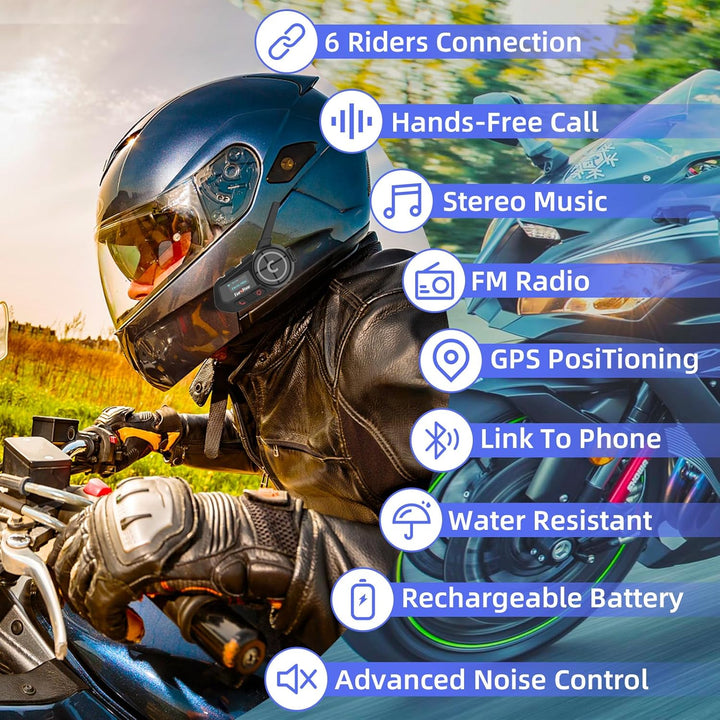 EuroFone Motorrad Bluetooth Headset,Motorrad Bluetooth Gegensprechanlage mit LED-Bildschirm für 6 Fa