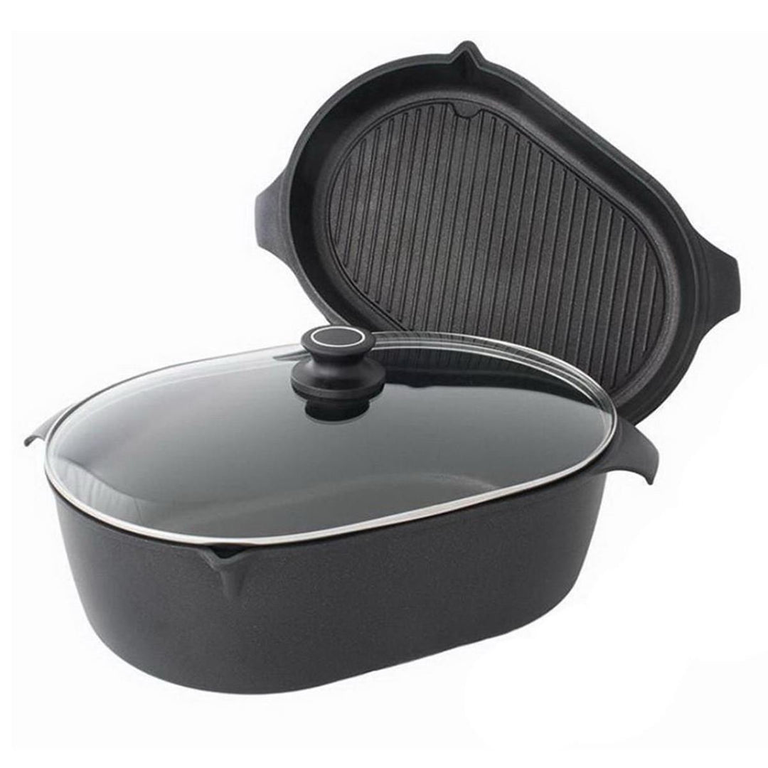 AMT Gastroguss 3er-Set Bräter, bestehend aus Bräter, Gussbräterdeckel mit Grillboden & Glasdeckel, 4