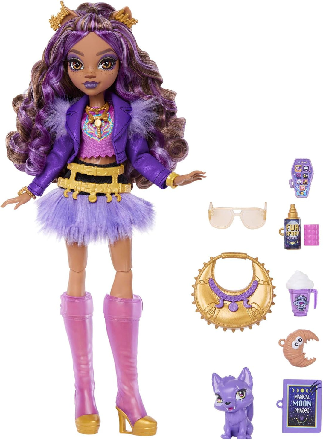 Monster High-Puppe, Clawdeen Wolf in violetter Moto-Jacke und Fellrock mit Wolfsjungem Crescent und